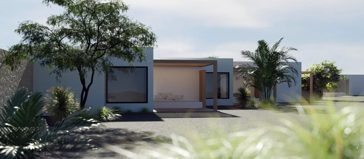 Architectural visualisation of a single-storey white courtyard house with a timber pergola and gravel garden