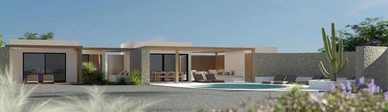 Architectural visualisation of a low white house with timber pergolas, a stone wall and a curved pool